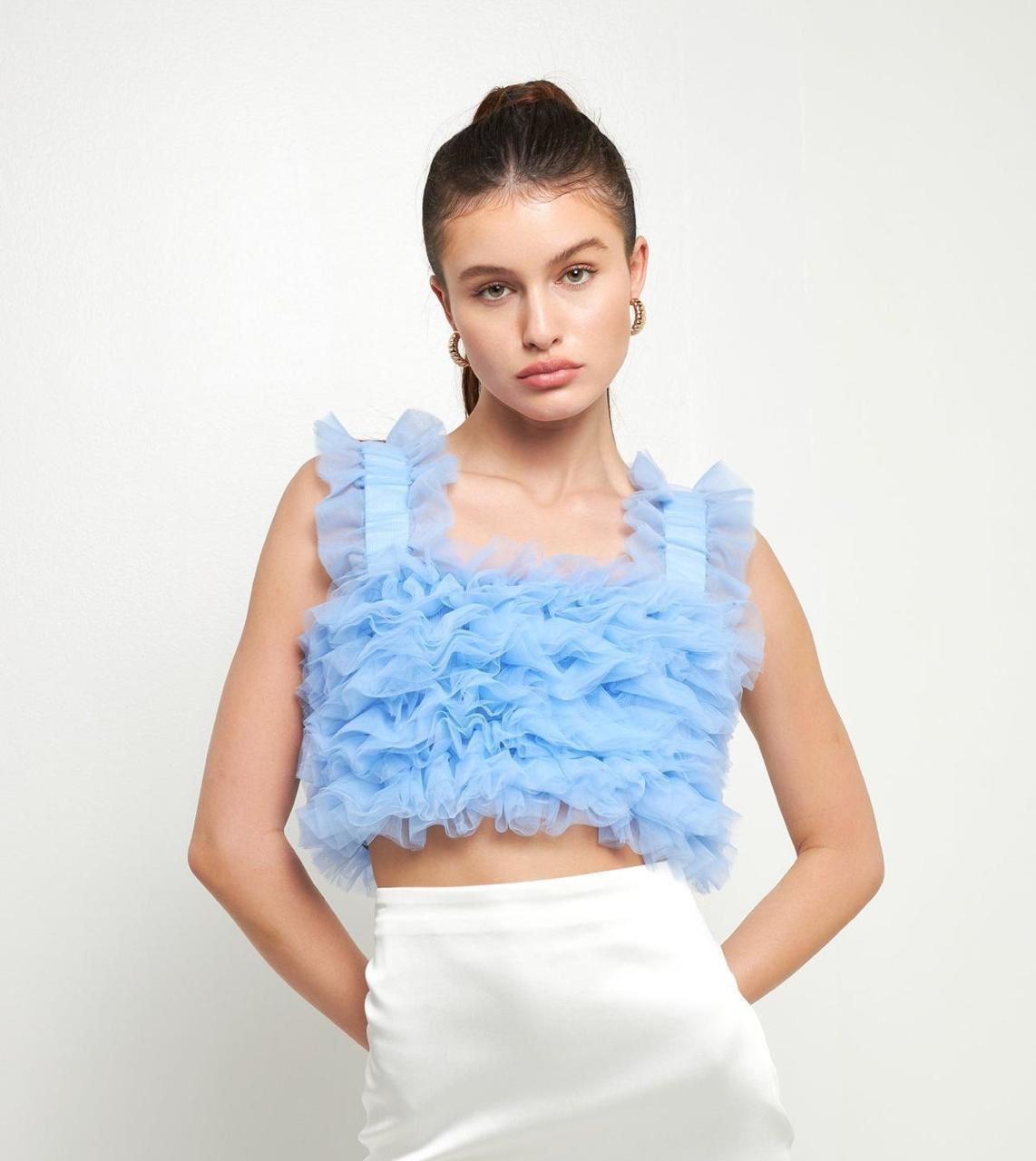 Trendy Women’s Ruffled Sleeveless Crop Top – Fashion Mesh Layered Tank Top for Party, Casual & Summer Outfits