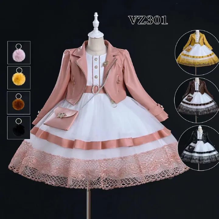 Stylish girls’ party dress with lace hem, matching jacket, and purse. Perfect for birthdays, weddings, and special occasions. Ages 1–14 years.