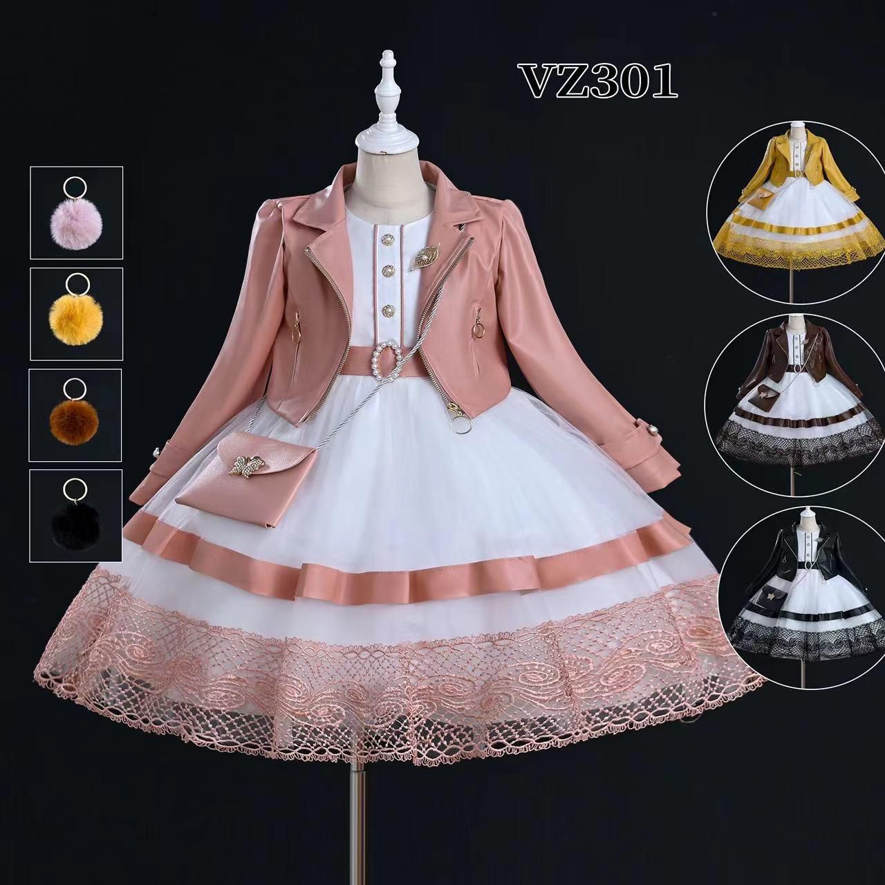 Stylish girls’ party dress with lace hem, matching jacket, and purse. Perfect for birthdays, weddings, and special occasions. Ages 1–14 years.
