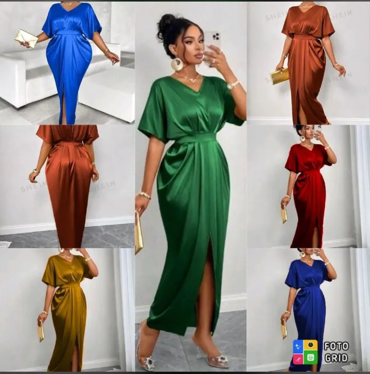 HotdealsDirect Women’s Satin Maxi Dress – Elegant V-Neck Short Sleeve Bodycon Evening Gown with Front Slit | Luxury Party, Wedding & Dinner Outfit