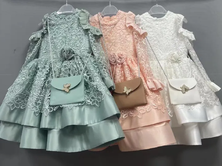 Stylish Girls’ Party Dress – Puffy Princess Gown with 3D Floral Lace & Big Bow | Perfect Outfit for Weddings, Birthdays, Photoshoots & Family Celebrations