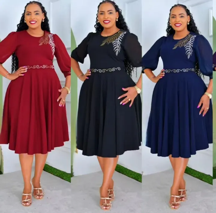 Women’s Elegant Midi Dress with Embroidered Leaf Detail and Puff Sleeves– Sophisticated Circular Maxi Dress | Classy Outfit for Office, Church & Formal Gatherings