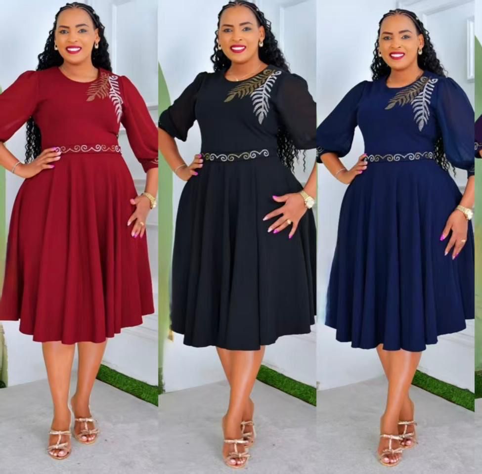 Women’s Elegant Midi Dress with Embroidered Leaf Detail and Puff Sleeves– Sophisticated Circular Maxi Dress | Classy Outfit for Office, Church & Formal Gatherings