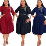 Women’s Elegant Midi Dress with Embroidered Leaf Detail and Puff Sleeves– Sophisticated Circular Maxi Dress | Classy Outfit for Office, Church & Formal Gatherings
