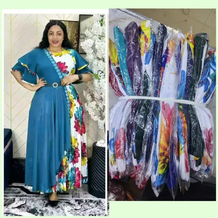 Elegant Women’s Maxi Dress – Stylish Floral Patchwork Design, Belted Waist & Flared Sleeves | Perfect Outfit for Office, Church, Weddings, Parties & Casual Wear