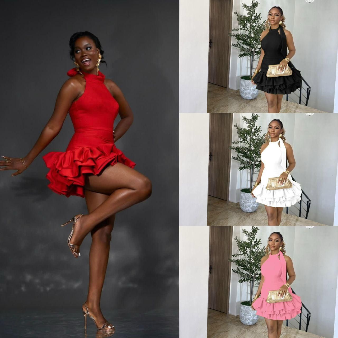 Women’s Halter Neck Mini Dress – Sleeveless Party Cocktail Dress with Layered Ruffle Hem – Available in Red, Black, White & Pink.