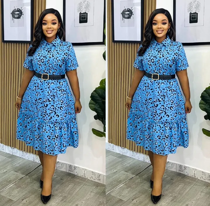 Elegant Women’s Blue Leopard Print Shirt Dress with Belt – Short Sleeve Collared Midi Dress for Casual, Office, and Weekend Wear