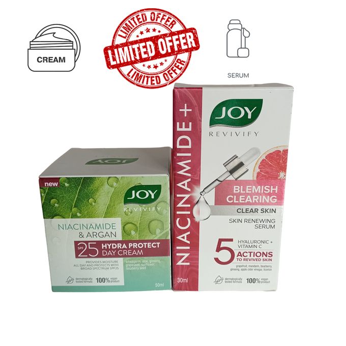 JOY REVIVIFY FACE CREAM ( Niacinamide & Argan Oil) + FACE SERUM ( Niacinamide, Vitamin C & Hyaluronic Acid). Renews, Make skin Clears, Evens, Fade Dark Spots, Acne Marks, Moisturizes & Sunscreen