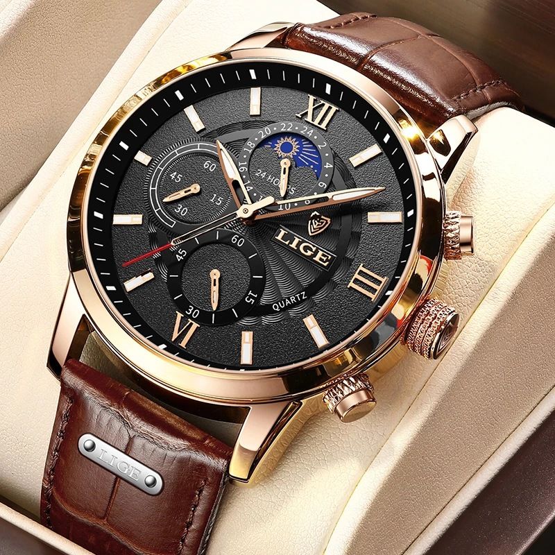 LIGE Quartz Watch Multi-Functional Chronograph Waterproof Male Watch