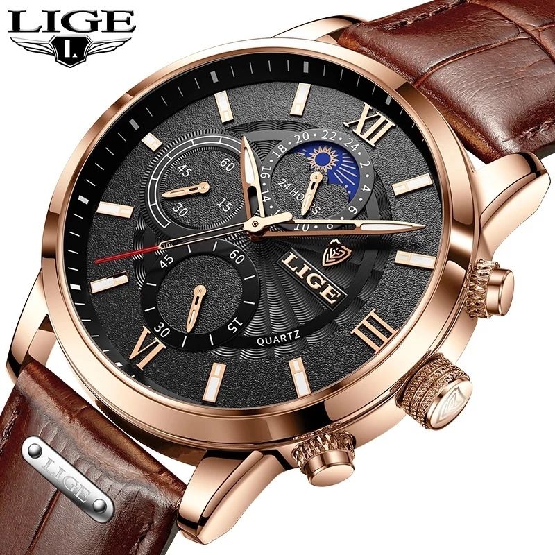 LIGE Quartz Watch Multi-Functional Chronograph Waterproof Male Watch