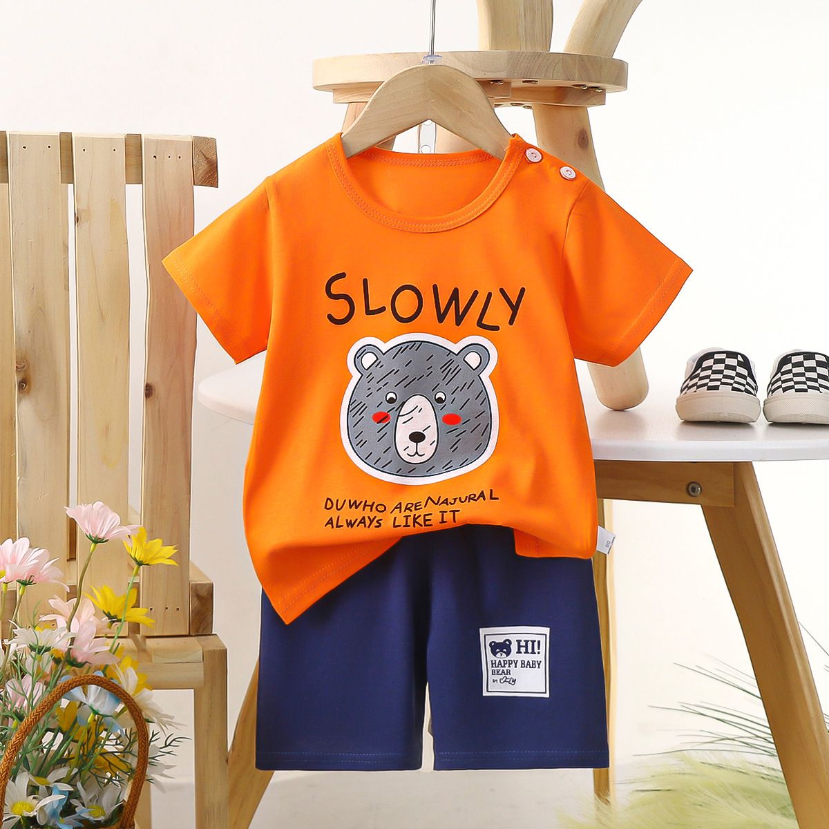 Children's short-sleeved cotton T-shirt and shorts set, baby summer outfit set for boys