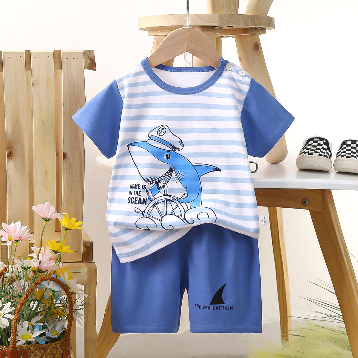Children's short-sleeved cotton T-shirt and shorts set, baby summer outfit set for boys