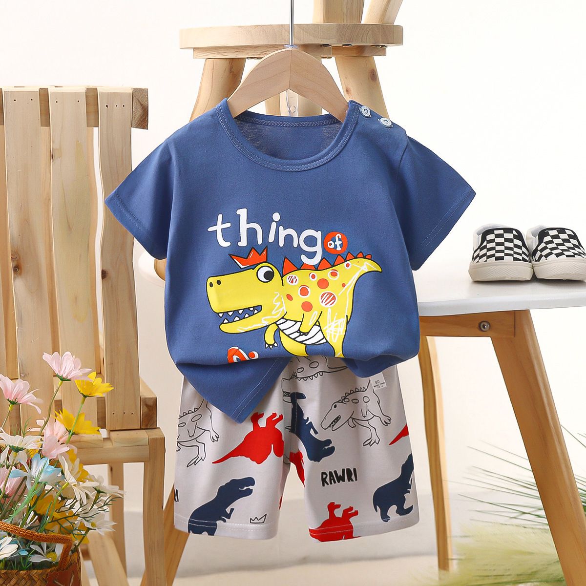 Children's short-sleeved cotton T-shirt and shorts set, baby summer outfit set for boys