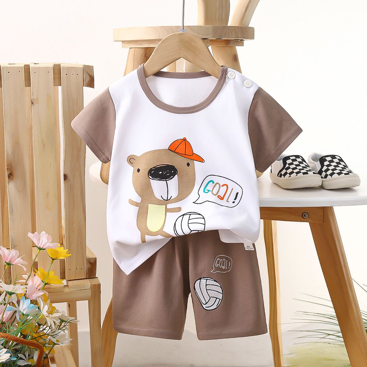 Children's short-sleeved cotton T-shirt and shorts set, baby summer outfit set for boys