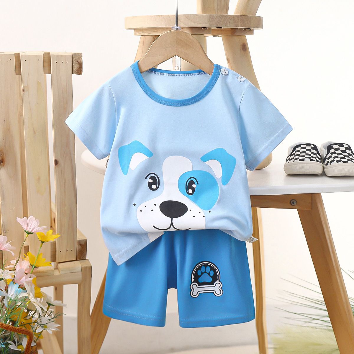 Children's short-sleeved cotton T-shirt and shorts set, baby summer outfit set for boys