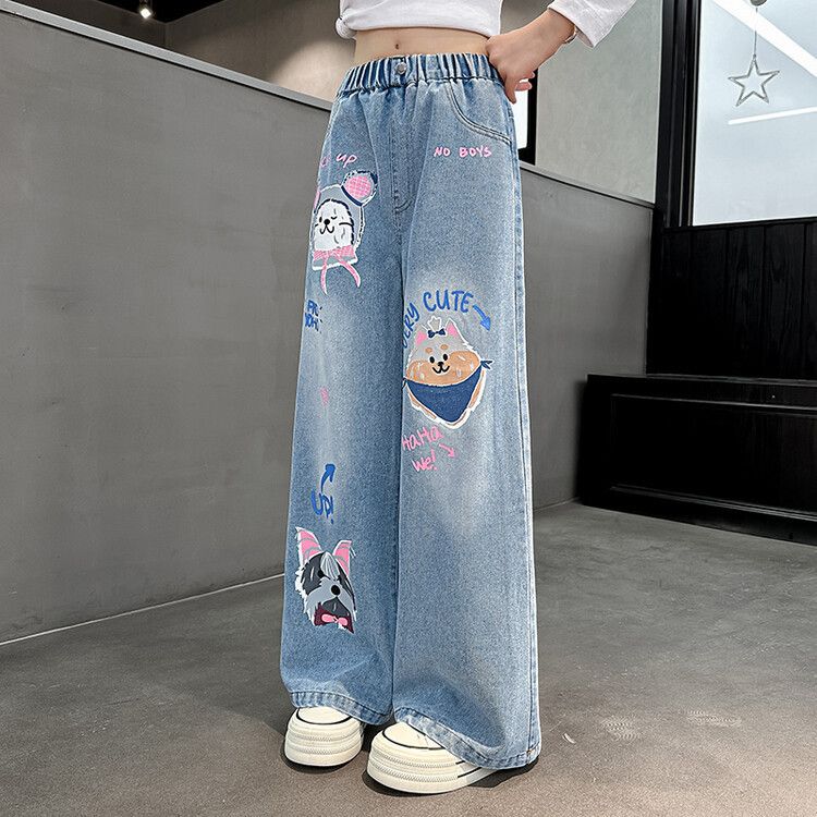 Girls' wide-leg jeans, stylish straight-leg pants, long pants for medium and large children, loose fit