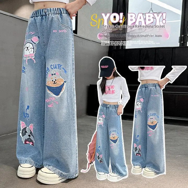 Girls' wide-leg jeans, stylish straight-leg pants, long pants for medium and large children, loose fit