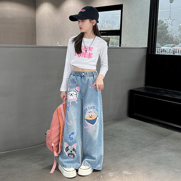 Girls' wide-leg jeans, stylish straight-leg pants, long pants for medium and large children, loose fit