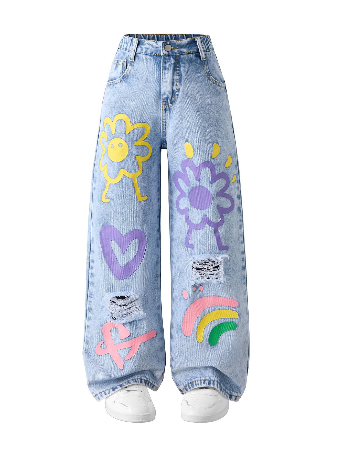 Girls' wide-leg jeans, stylish straight-leg pants, long pants for medium and large children, loose fit