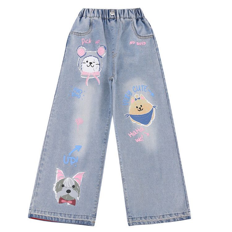 Girls' wide-leg jeans, stylish straight-leg pants, long pants for medium and large children, loose fit