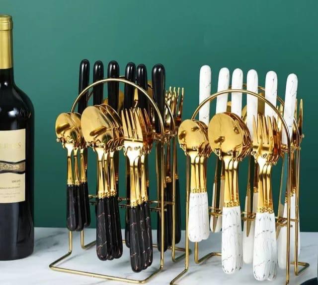 marble cutlery Luxurious Gold Fork Spoon Knife Cutlery Set With Stand For dining table spoon set Adorable and nice looking product Stainless steel rust free material Easy to clean