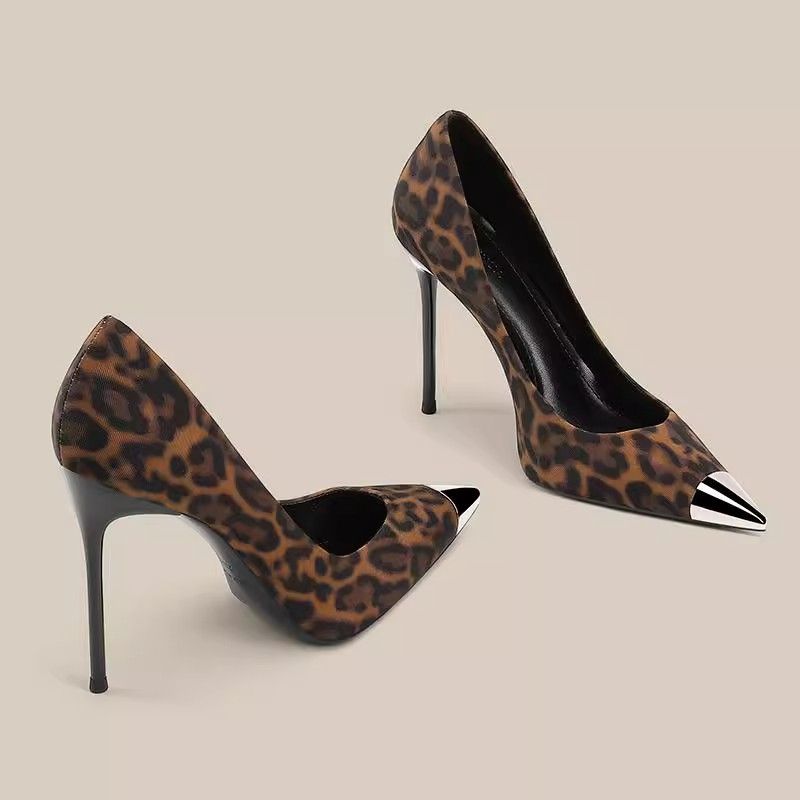 Trendy Leopard Print Pointed Toe Stiletto Heels for Women - Metal Toe Cap Pumps