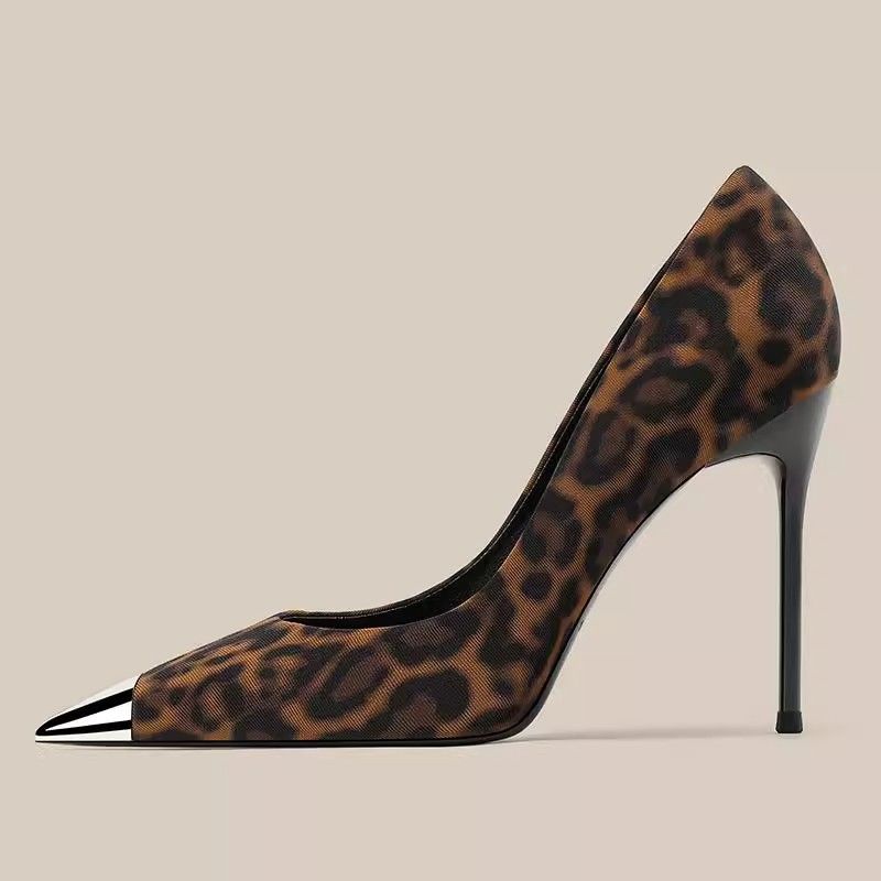 Trendy Leopard Print Pointed Toe Stiletto Heels for Women - Metal Toe Cap Pumps