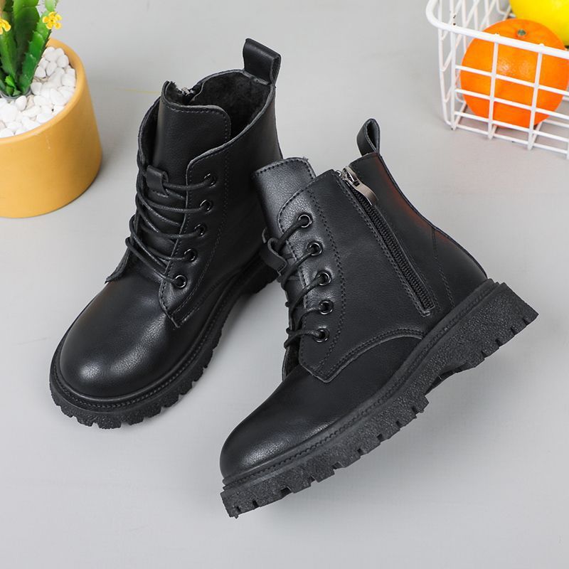 Children's Black Combat Boots - Unisex Kids Lace-Up Ankle Boots with Side Zipper