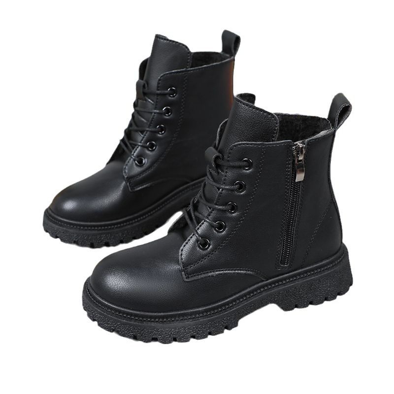 Children's Black Combat Boots - Unisex Kids Lace-Up Ankle Boots with Side Zipper