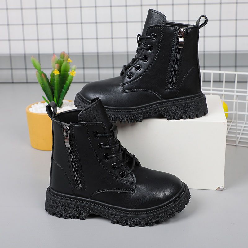 Children's Black Combat Boots - Unisex Kids Lace-Up Ankle Boots with Side Zipper