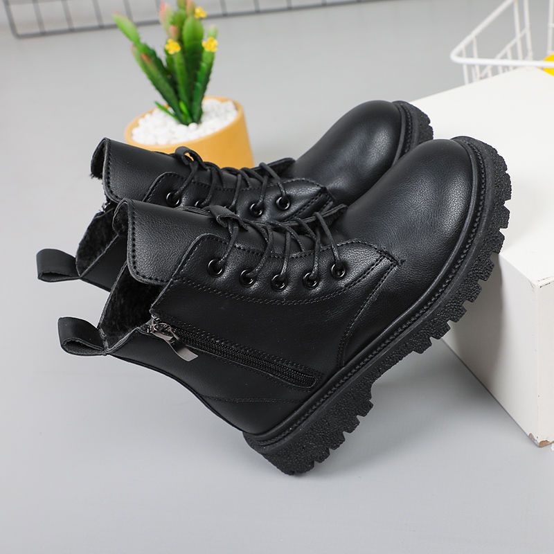 Children's Black Combat Boots - Unisex Kids Lace-Up Ankle Boots with Side Zipper
