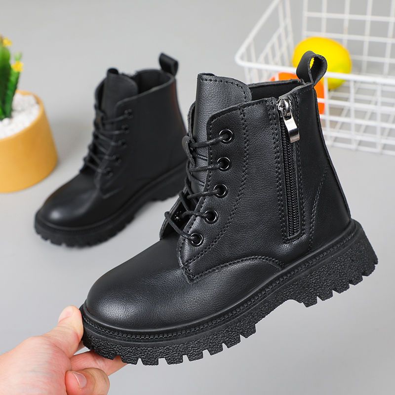 Children's Black Combat Boots - Unisex Kids Lace-Up Ankle Boots with Side Zipper