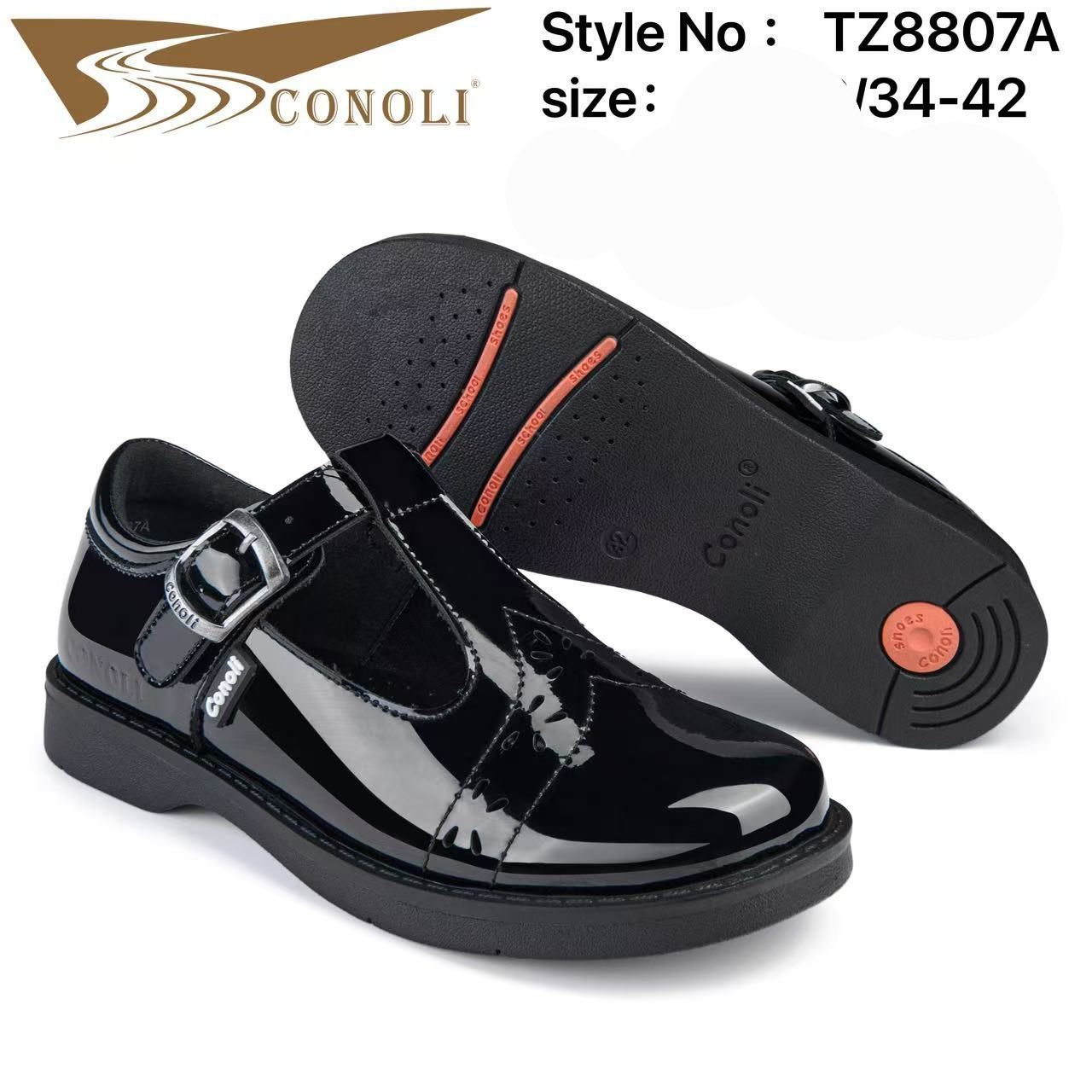 Conoli Wetlook Girls School Shoes TZ8807A – Black Patent Leather T-Bar Buckle