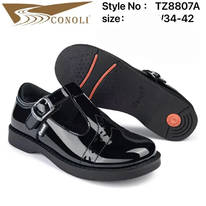 Conoli Wetlook Girls School Shoes TZ8807A – Black Patent Leather T-Bar Buckle