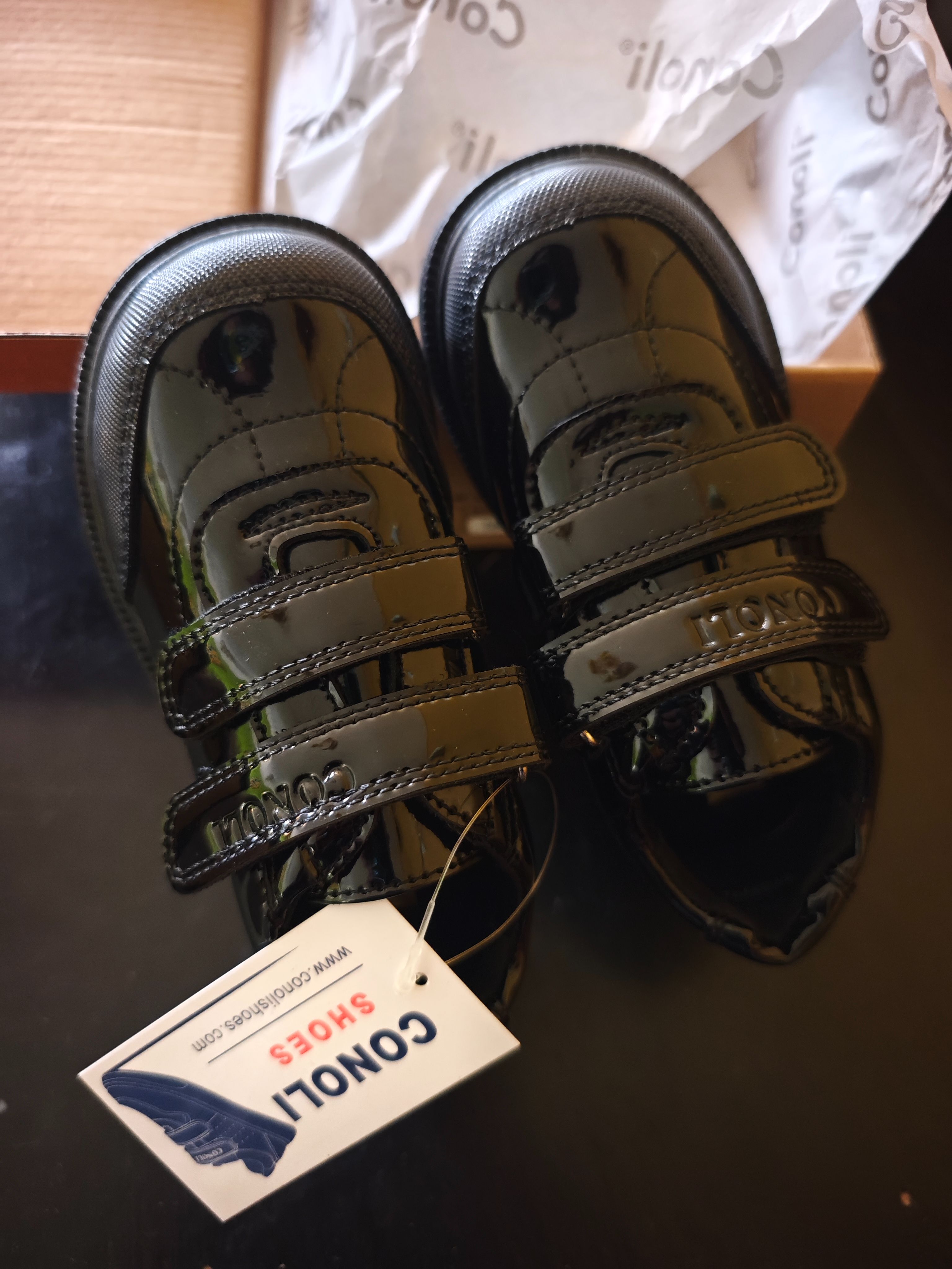 Conoli Kids School Shoes TZ8827A – Black Patent Leather Velcro Sneaker Style