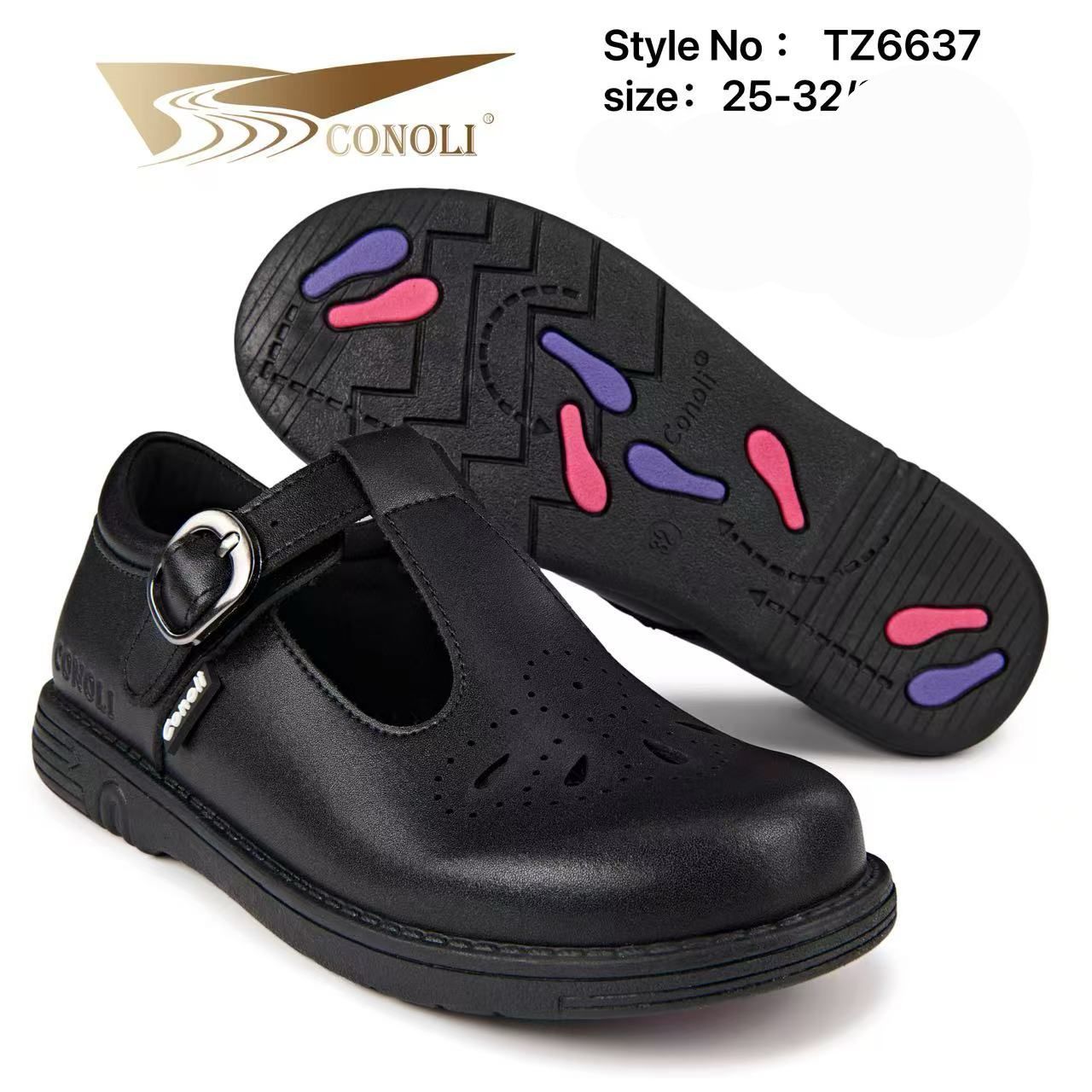 Conoli Girls School Shoes TZ6637 – Black Leather T-Bar Buckle with Cutout Detail