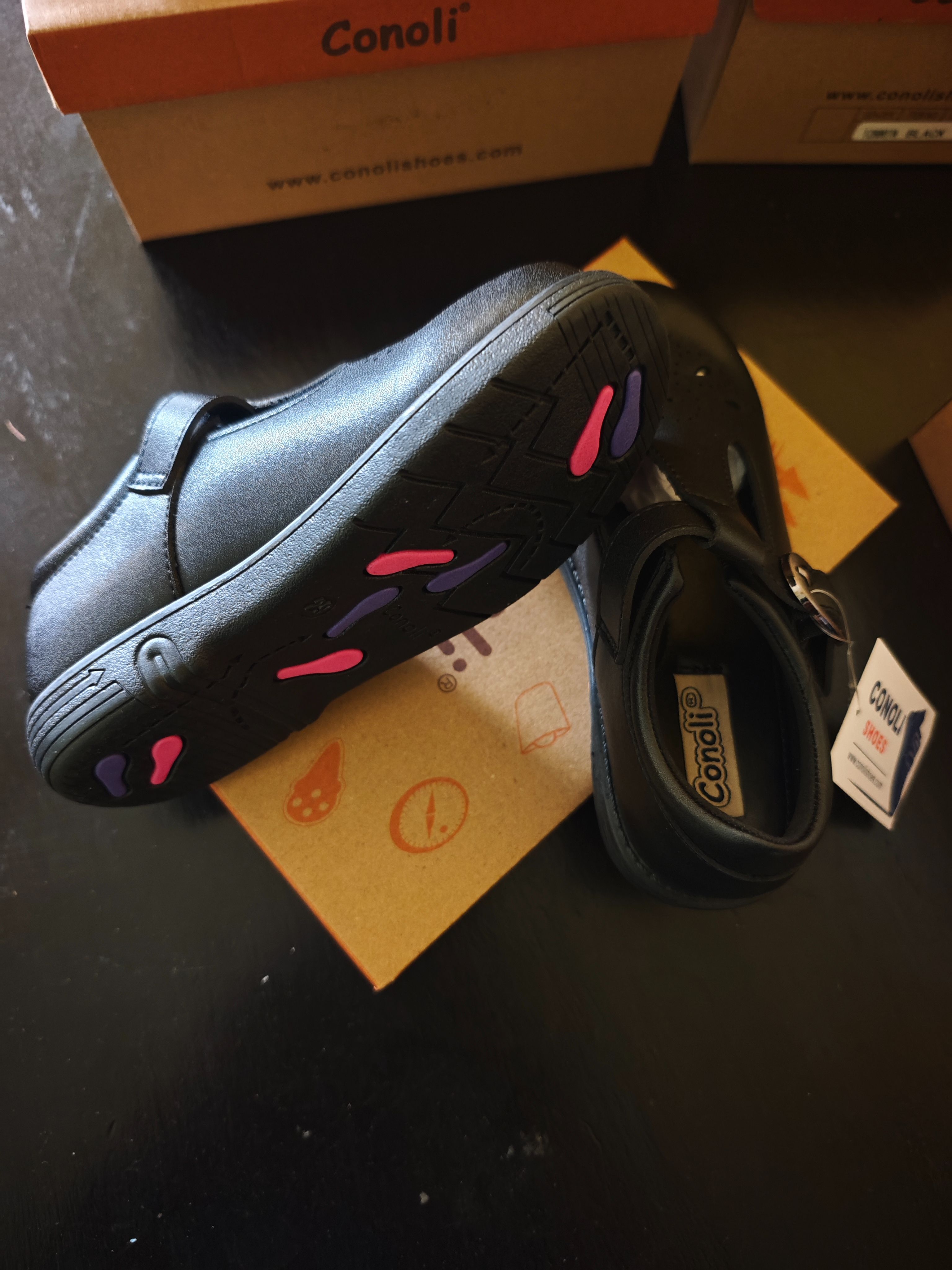 Conoli Girls School Shoes TZ6637 – Black Leather T-Bar Buckle with Cutout Detail