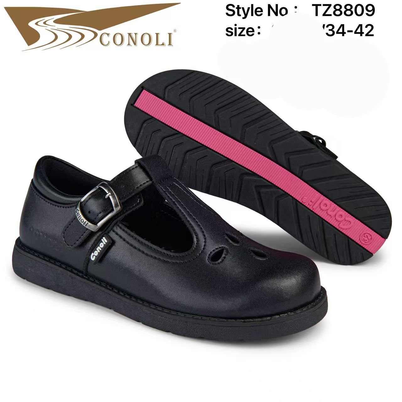 Conoli Girls School Shoes TZ8809 – Black Leather T-Bar Buckle with Pink Sole Detail