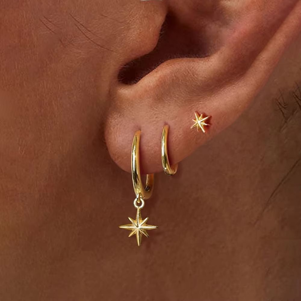 3-piece set of fashionable stainless steel round star shaped pendant earrings for women, gold-plated pendant earrings for punk and unisex rock jewelry