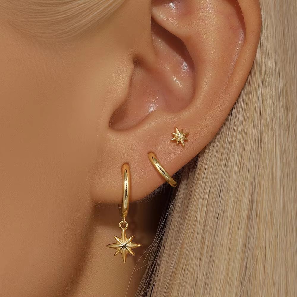3-piece set of fashionable stainless steel round star shaped pendant earrings for women, gold-plated pendant earrings for punk and unisex rock jewelry