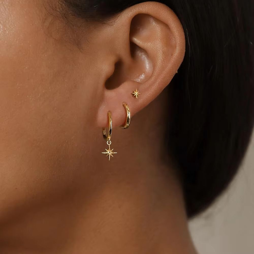 3-piece set of fashionable stainless steel round star shaped pendant earrings for women, gold-plated pendant earrings for punk and unisex rock jewelry