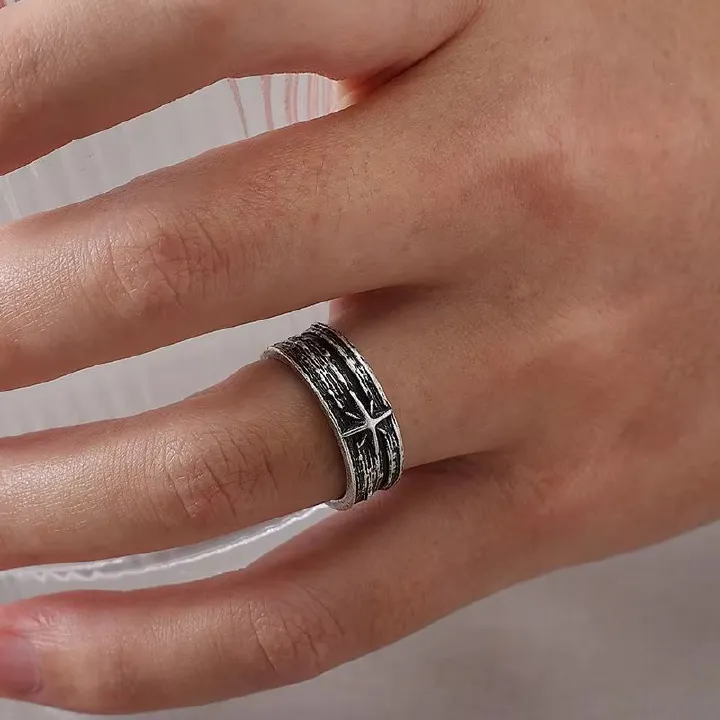 Retro Stary Night Art Ring For Men Silver Color Punk Gothic Adjustable Open Ring Rock Handmade Unisex Jewelry Accessories Gift