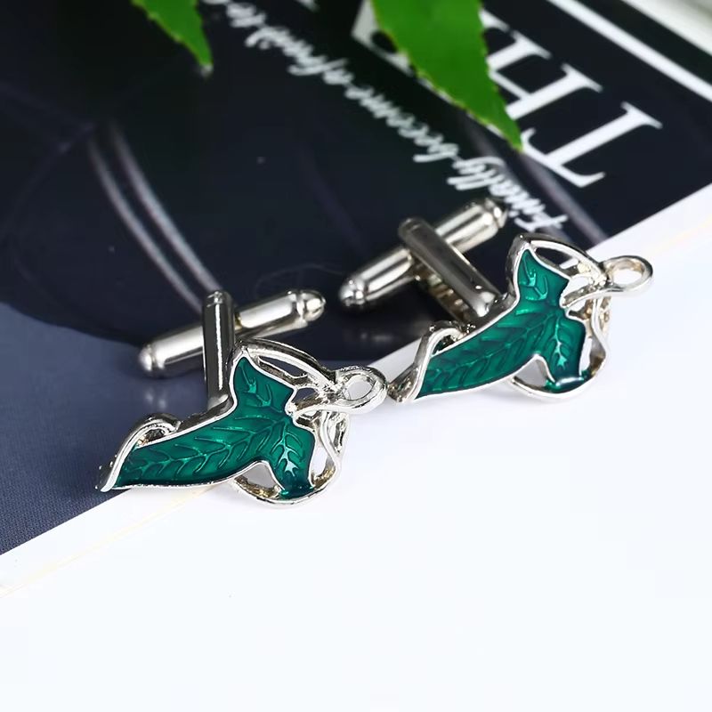 Fashion Jewelry Elf Leaf Cufflinks for Women Unisex Classic Elf Queen Green Leaves Cufflinks Gifts