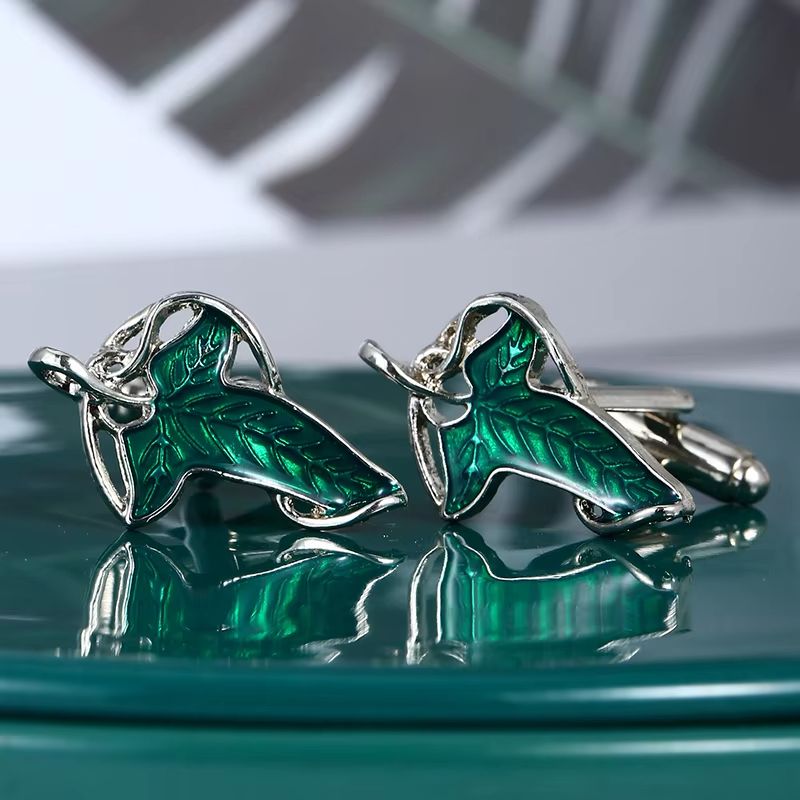 Fashion Jewelry Elf Leaf Cufflinks for Women Unisex Classic Elf Queen Green Leaves Cufflinks Gifts