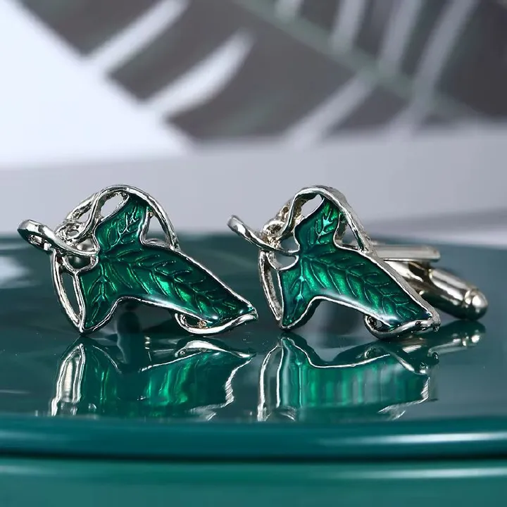 Fashion Jewelry Elf Leaf Cufflinks for Women Unisex Classic Elf Queen Green Leaves Cufflinks Gifts