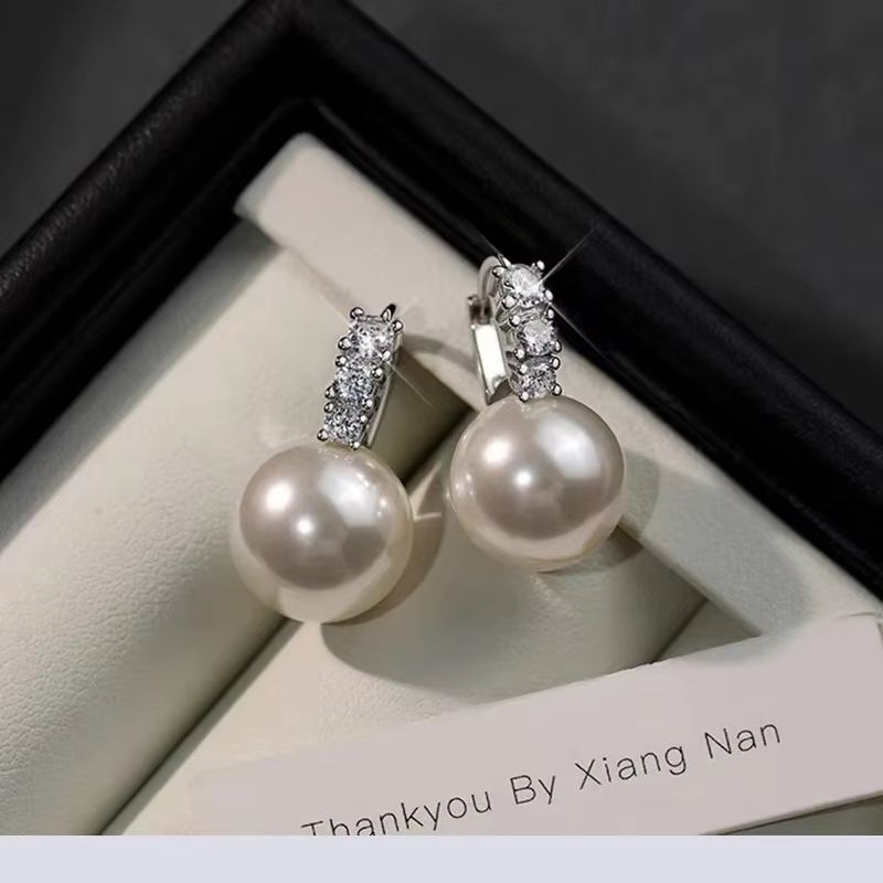 925 Sterling Silver Zircon Round 10/12mm Pearl Pendant Hoop Earrings For Women Party OL Fine Jewelry Light Luxury Accessories