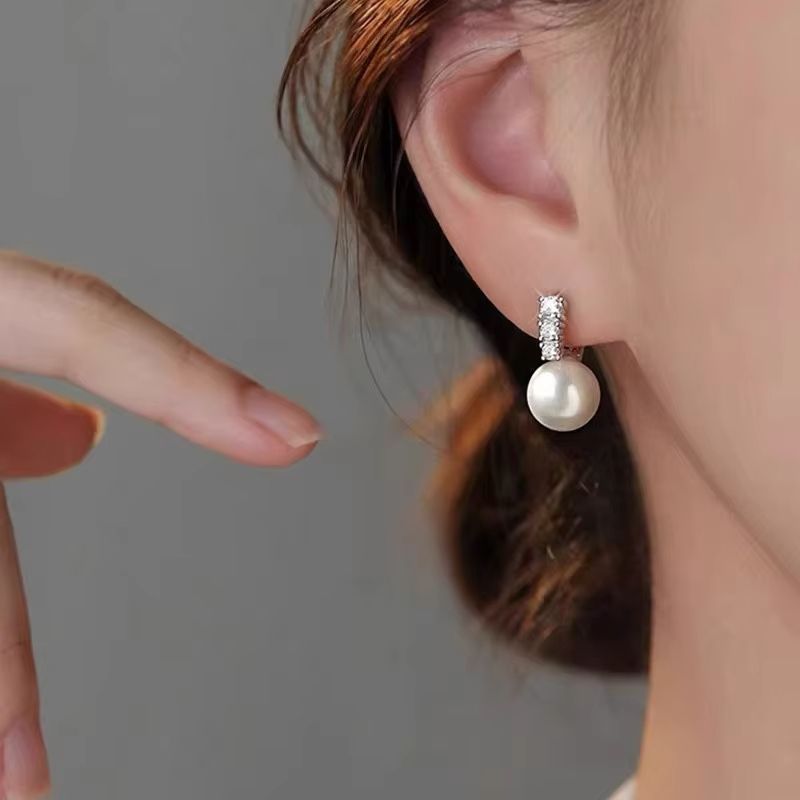 925 Sterling Silver Zircon Round 10/12mm Pearl Pendant Hoop Earrings For Women Party OL Fine Jewelry Light Luxury Accessories