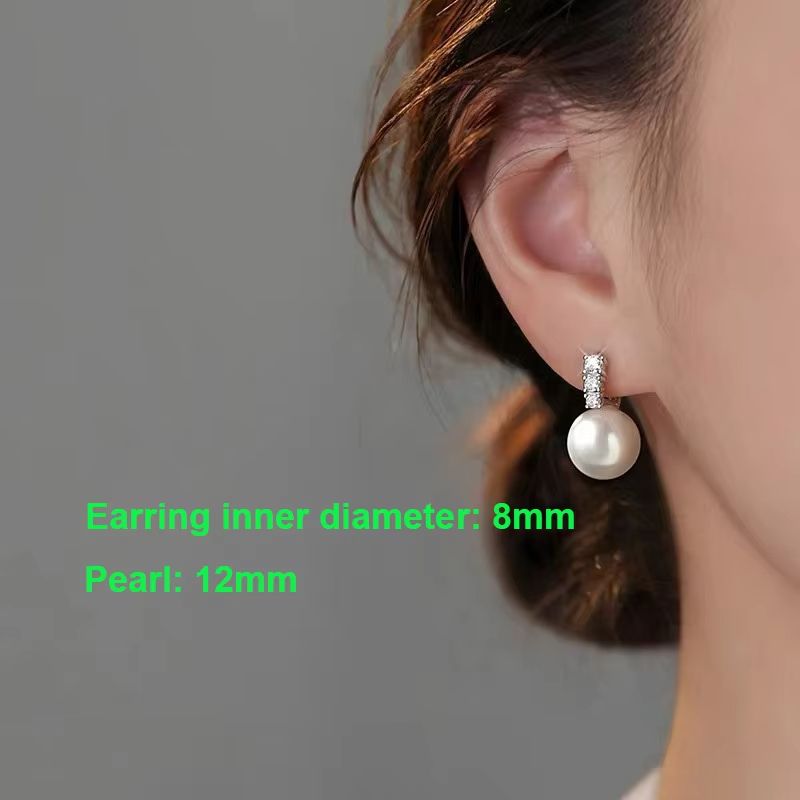 925 Sterling Silver Zircon Round 10/12mm Pearl Pendant Hoop Earrings For Women Party OL Fine Jewelry Light Luxury Accessories