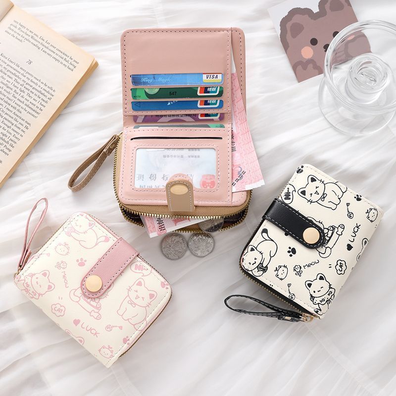 Cute Cat Wallets for Women Card Holder Small Purses with Zip Coin Pocket High Quality Square Hand Bags