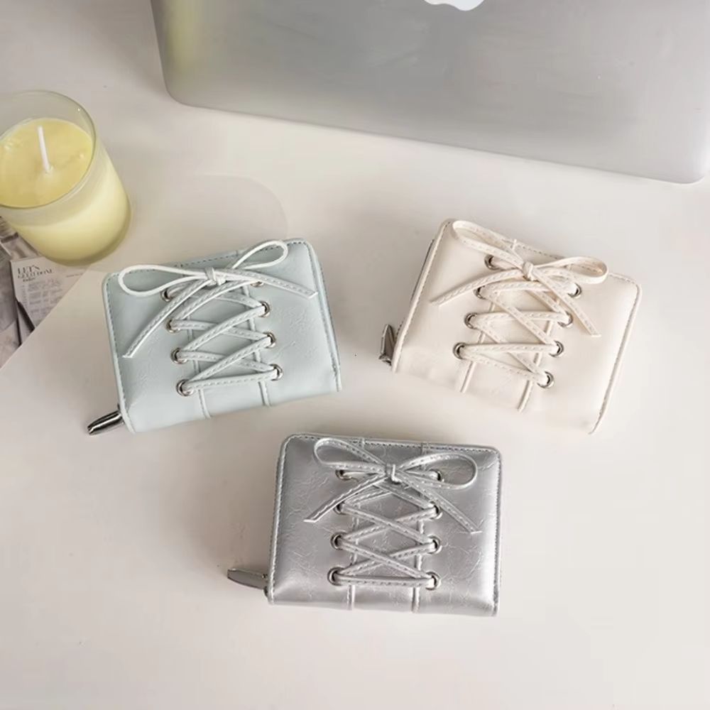 Simple Korean Style Bow Wallet Ultra Thin Short Clutch Card Bag Multi-function Zipper PU Leather Card Holder Travel Coin Purse